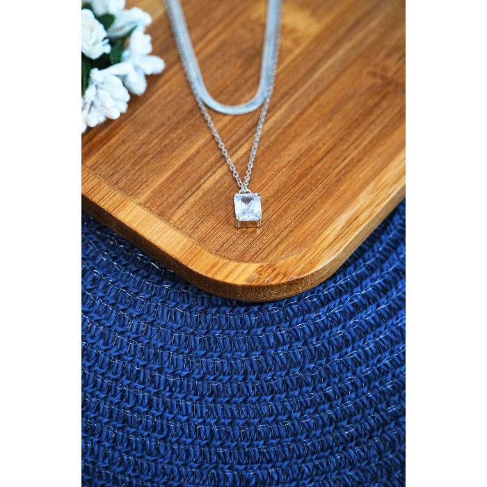 BUĞZ Bakla Model Zirkon Baget Taşlı Zincir Çelik Kolye