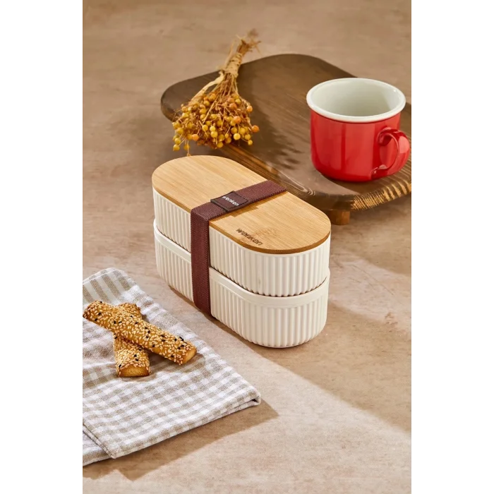  Bambu Kahvaltılık Saklama Kabı İki Bölmeli Büyük Lunch Box