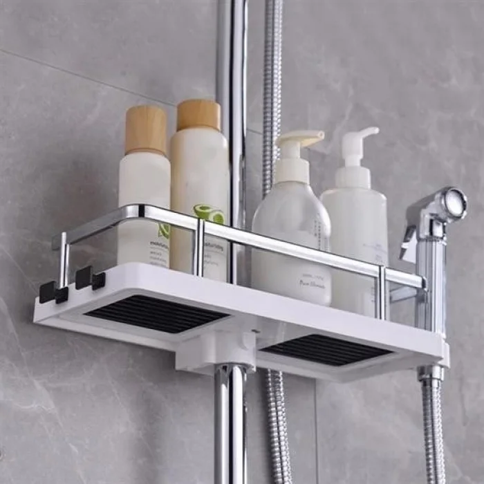 BUĞZ Banyo Direğine Asılabilir Köşelik Şampuanlık Sabunluk Çift Askılı Düzenleyici Raf Paslanmaz