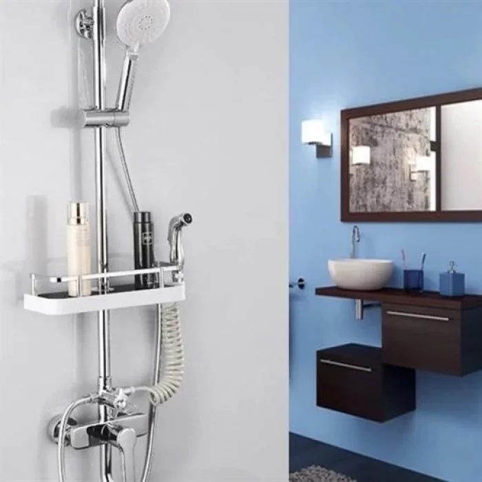 BUĞZ Banyo Direğine Asılabilir Köşelik Şampuanlık Sabunluk Çift Askılı Düzenleyici Raf Paslanmaz