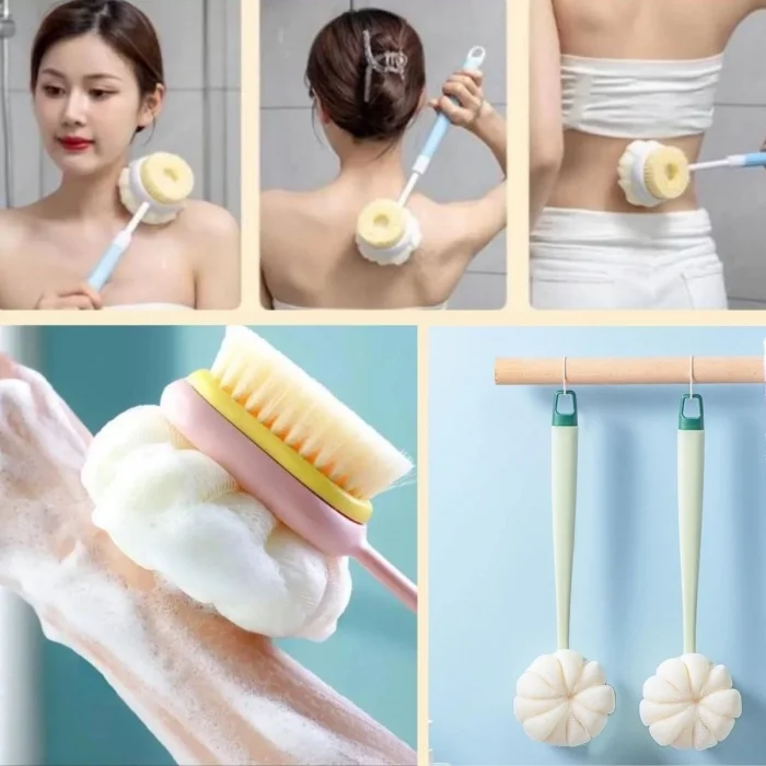 BUĞZ Banyo Lifi ve Süngeri 2 si 1 Arada Çift Taraflı Uzun Saplı Fırçalı Banyo Vücut Sırt Fırçası Banyo Lifi