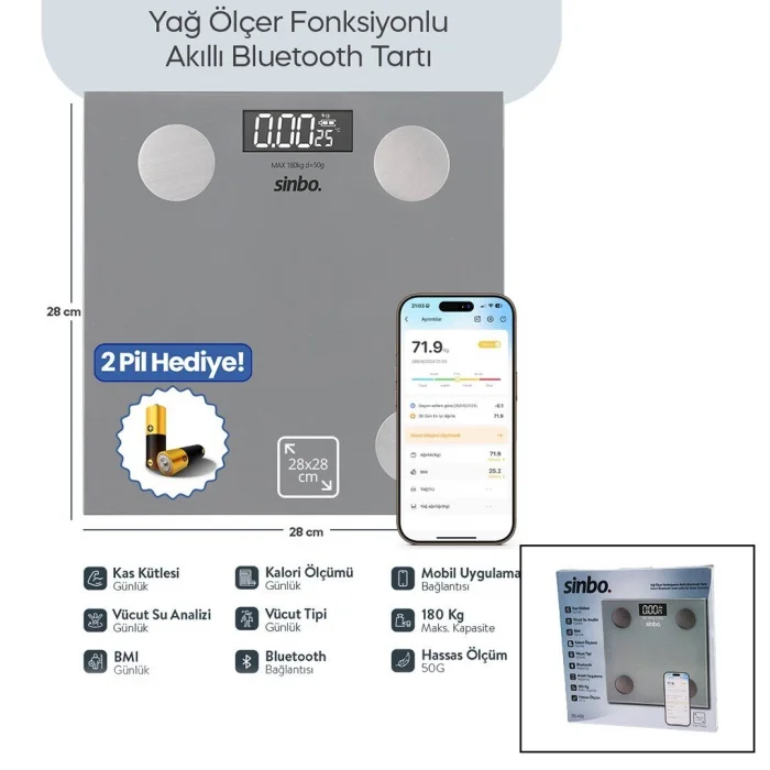 BUĞZ BASKÜL GRİ YAĞ ÖLÇER AKILLI BLUETOOTH CAM BASKÜL