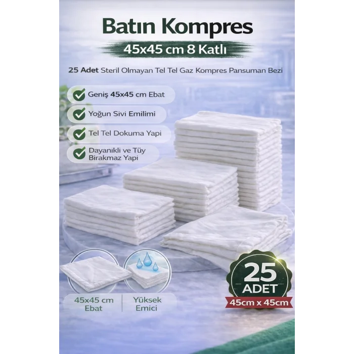 BUĞZ Batın Kompres 45x45 cm 8 Katlı 25 Adet Tel Tel Gaz Kompres Steril Olmayan Pansuman Bezi