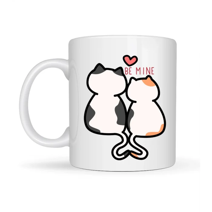 BUĞZ Be Mine Sevimli Kedili Porselen Kupa Model 40 – Aşık Kediler Tasarımlı Sevgiliye Özel Kahve Kupası