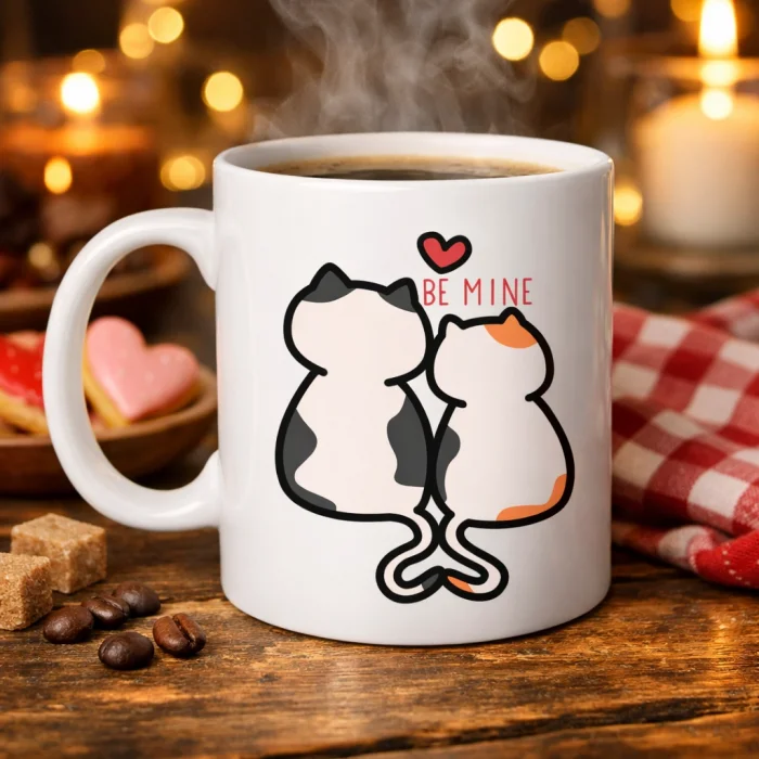 BUĞZ Be Mine Sevimli Kedili Porselen Kupa Model 40 – Aşık Kediler Tasarımlı Sevgiliye Özel Kahve Kupası
