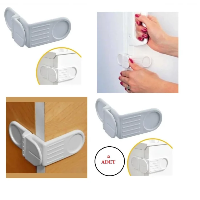 BUĞZ Bebek Çocuk Güvenlik Çekmece ve Dolap İçin Kendiliğinde Yapışkanlı Vidasız Köşe Kapak Kilidi x 2 Adet