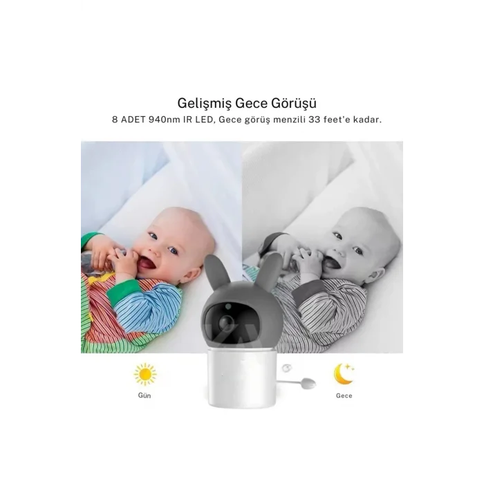 BUĞZ Bebek Kamerası Kumandalı Monitörlü Karşılıklı Konuşma Özellikli , Hatırlatıcılı Ip Bebek Kamerası