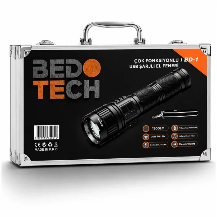 BUĞZ Bedotech Bd-3 30w Tg Led Alüminyum Alaşımlı Zoomlu Type-c Analog Pil Göstergeli Şarjlı El Feneri