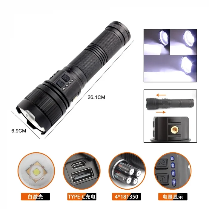 BUĞZ Bedotech Bd-3 30w Tg Led Alüminyum Alaşımlı Zoomlu Type-c Analog Pil Göstergeli Şarjlı El Feneri