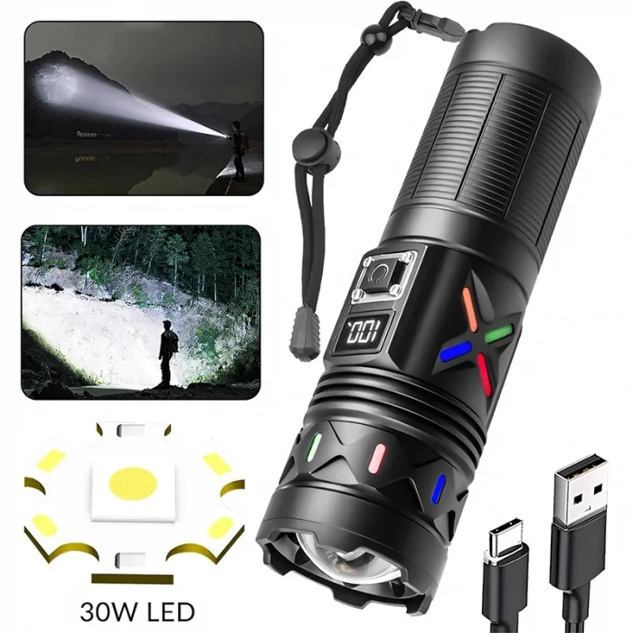 BUĞZ Bedotech Bd-5 30w Tg Led Alüminyum Alaşımlı Zoomlu Type-c Dijital Göstergeli Şarjlı El Feneri