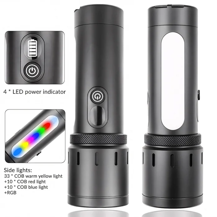 BUĞZ Bedotech Bd-6 30w Tg + Rgb Led Alüminyum Alaşımlı Zoomlu Type-c Pil Göstergeli Şarjlı El Feneri