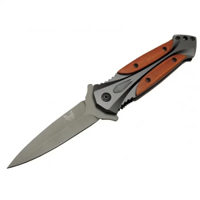 BUĞZ Eco Lounge Benchmade DA27B Gri Sivri Kamp Çakı 20cm - Yarı Otomatik, Kemerlikli, Kutulu, Ahşap - Metal Sap