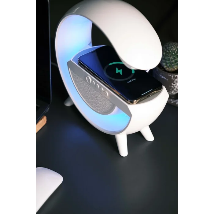BUĞZ Beyaz Bluetooth Hoparlörlü Masa Lambası, Kablosuz Şarj Özellikli ve 2 Saat Dinleme Süresi