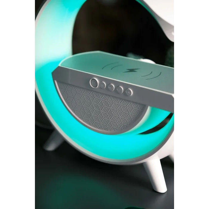 BUĞZ Beyaz Bluetooth Hoparlörlü Masa Lambası, Kablosuz Şarj Özellikli ve 2 Saat Dinleme Süresi