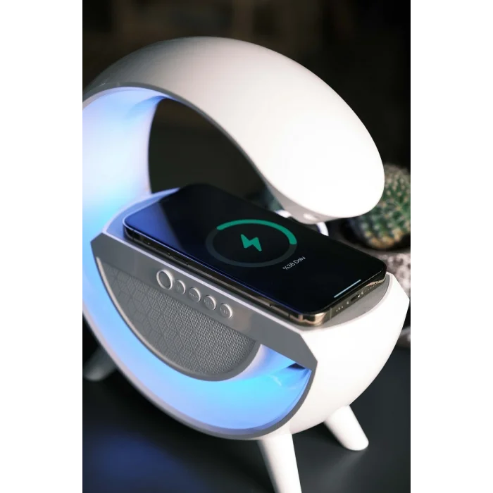 BUĞZ Beyaz Bluetooth Hoparlörlü Masa Lambası, Kablosuz Şarj Özellikli ve 2 Saat Dinleme Süresi
