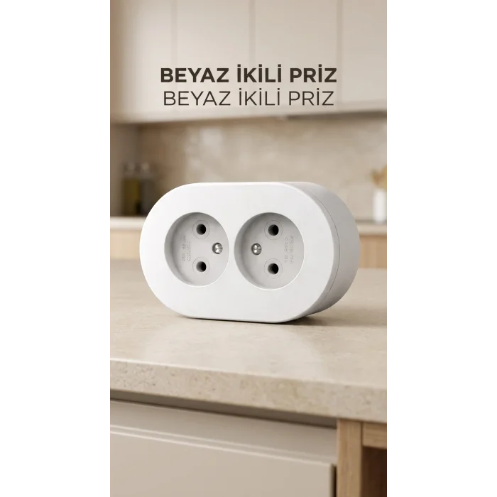 BUĞZ Beyaz Çift Girişli Topraklı Sıva Üstü Priz, Dekoratif Duvar Elektrik Ünitesi