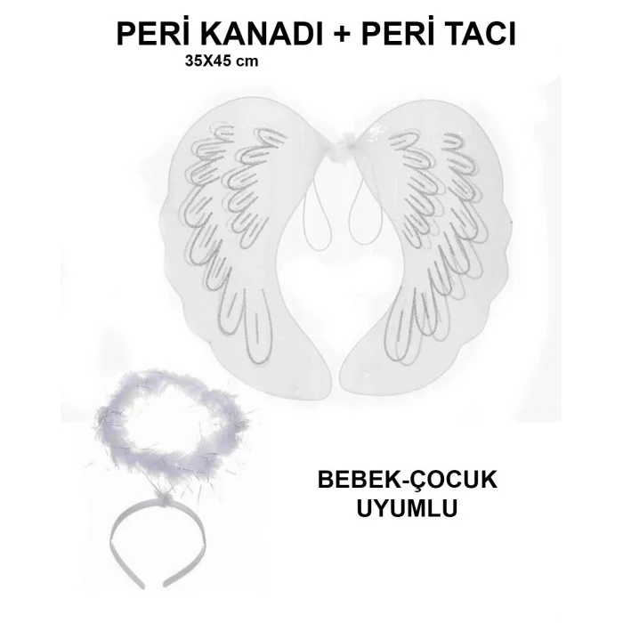 BUĞZ Beyaz Dantel Tüllü Peri Kanadı ve Peri Tacı Seti 45x40 cm