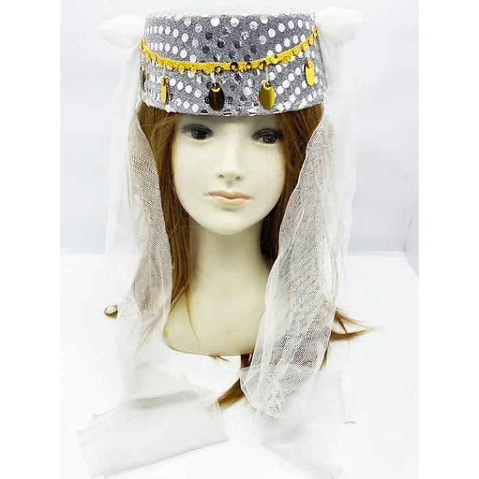 BUĞZ Beyaz Duvaklı Altın Pul İşlemeli Kına Fesi