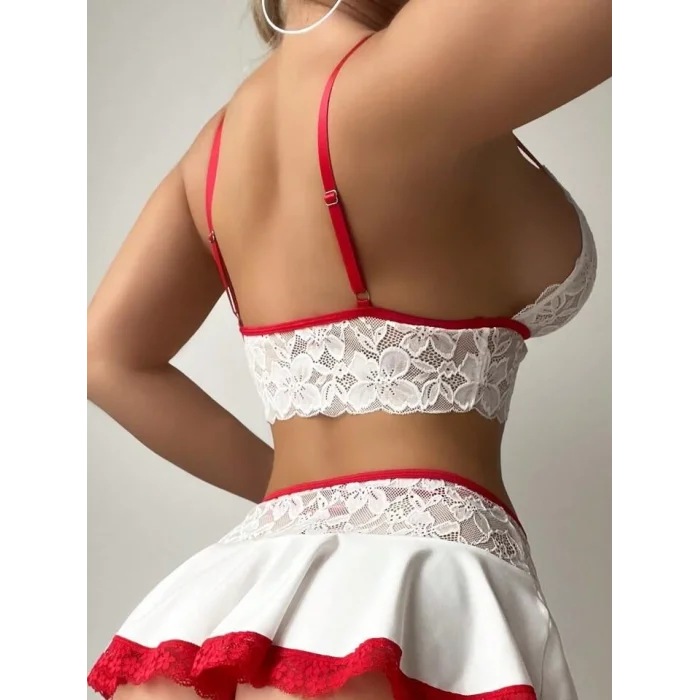 BUĞZ Beyaz Etekli Kırmızı Dantelli Fantezi Kostüm 2058