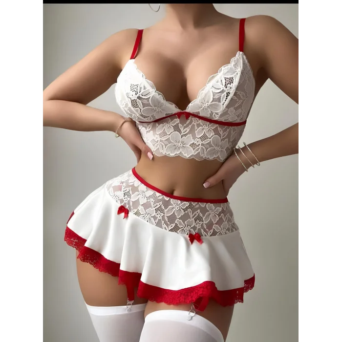 BUĞZ Beyaz Etekli Kırmızı Dantelli Fantezi Kostüm 2058