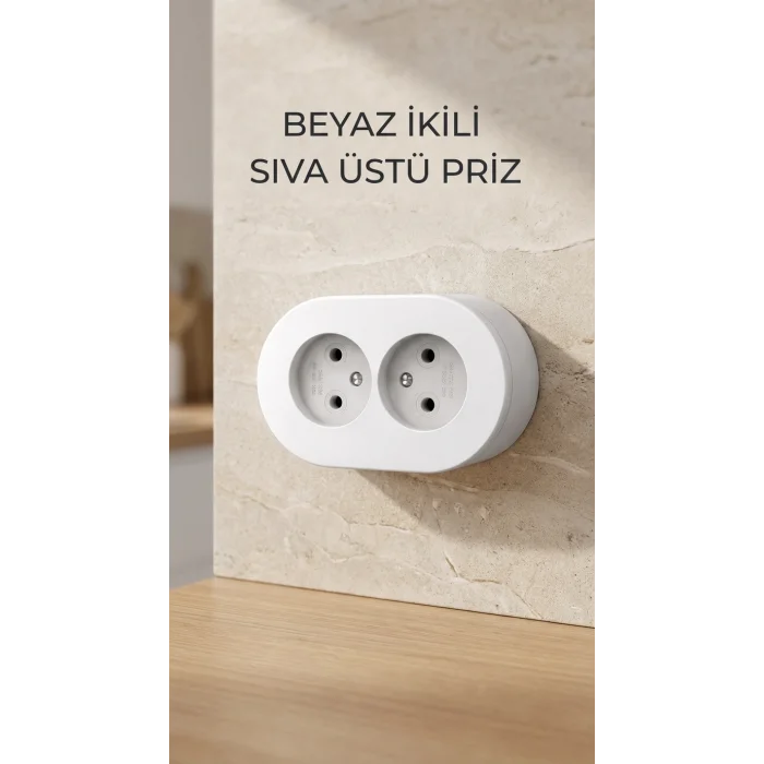BUĞZ Beyaz İkili Sıva Üstü Dekoratif Topraklı Elektrik Prizi
