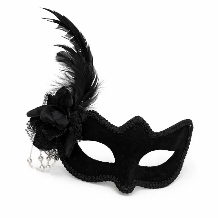 BUĞZ Beyaz İnci Detaylı Siyah Süet Venedik Kadın Maskesi Tüylü Güllü