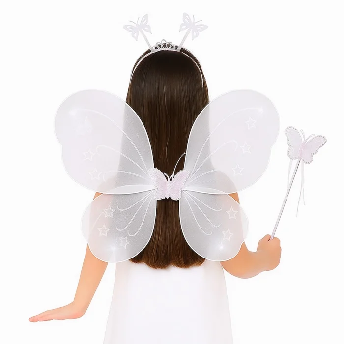  Beyaz Kelebek Kız Seti – 50 cm Kelebek Kanadı, Taç ve Asa