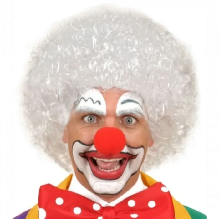  Beyaz Kıvırcık Afro Peruk ve Kırmızı Sünger Burun Seti