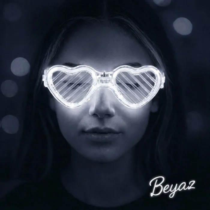 BUĞZ Beyaz Led Işıklı Kalp Gözlük – 3 Modlu Parti  Glow Gözlüğü