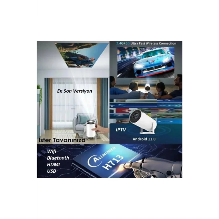 BUĞZ Beyaz LED projeksiyon cihazı HD çözünürlük 2000:1 kontrast 200 ansilümen wifi bluetooth