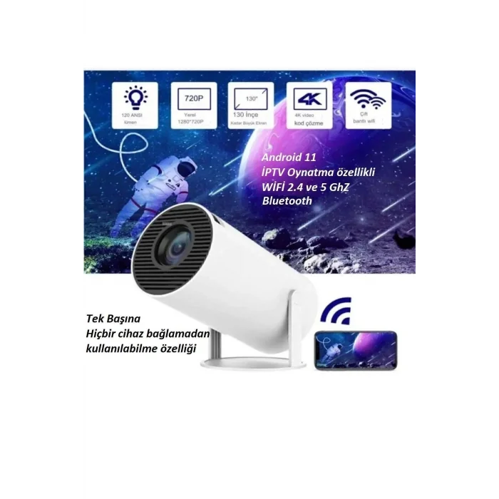 BUĞZ Beyaz LED projeksiyon cihazı HD çözünürlük 2000:1 kontrast 200 ansilümen wifi bluetooth