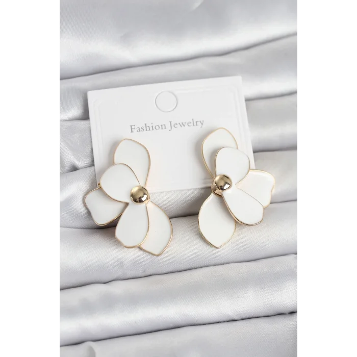 BUĞZ Beyaz Mineli Lotus Model Pirinç Kadın Küpe