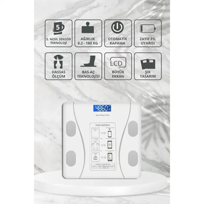 BUĞZ Beyaz Renk Bluetooth Özellikli Akıllı Tartı