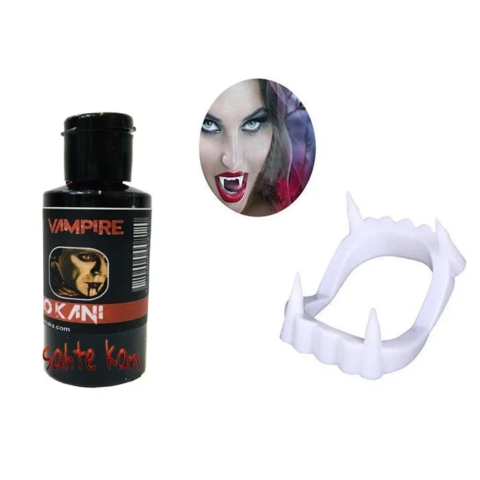 BUĞZ Beyaz Renk Çift Damak Takma Vampir Dişi Ve 50 Gr Tiyatro Kanı