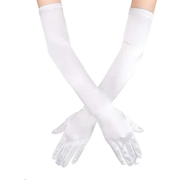 BUĞZ Beyaz Renk Dirseğe Kadar Uzun Kumaş Eldiven 40 cm
