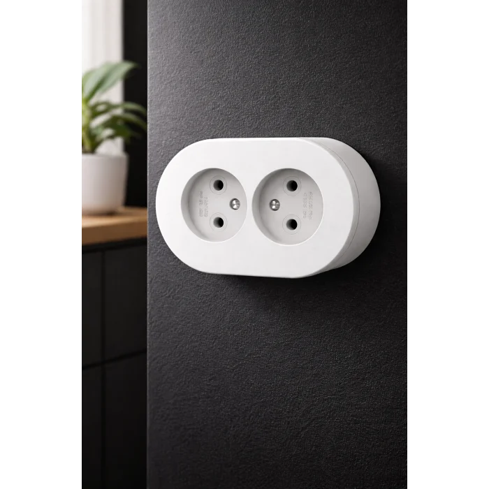 BUĞZ Beyaz Renk İkili Topraklı Priz – Modern Sıva Üstü Duvar Prizi, Lüks Dekoratif Elektrik Priz Çift Girişli