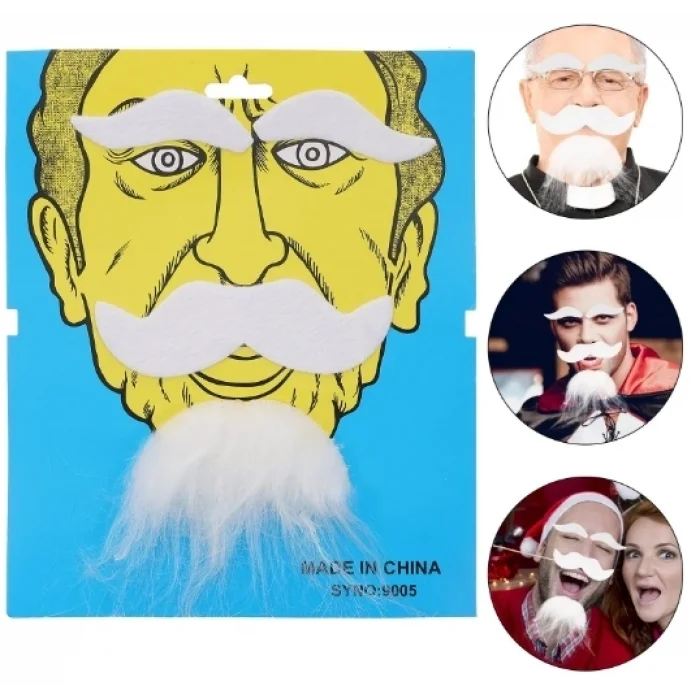 BUĞZ Beyaz Renk Kendinden Yapışkanlı Takma Sakal Bıyık ve Kaş Seti