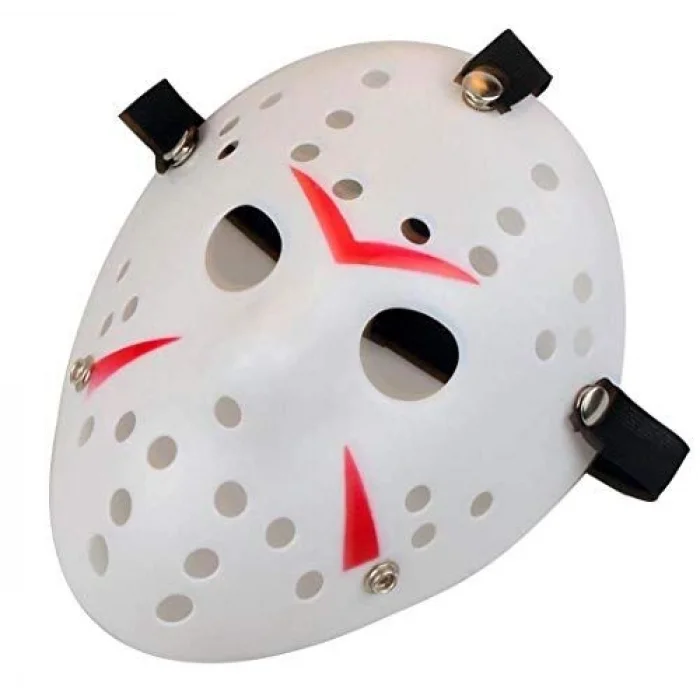 BUĞZ Beyaz Renk Kırmızı Çizgili Tam Yüz Hokey Jason Maskesi Hannibal Maskesi