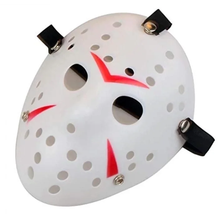 BUĞZ Beyaz Renk Kırmızı Çizgili Tam Yüz Hokey Jason Maskesi Hannibal Maskesi