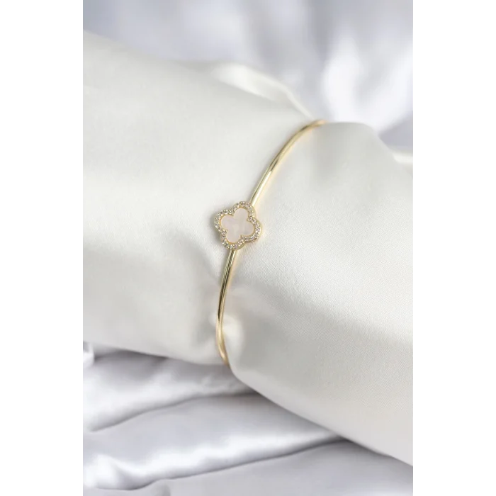 BUĞZ Beyaz Sedefli Yonca Model Gold Renk Kadın Bileklik