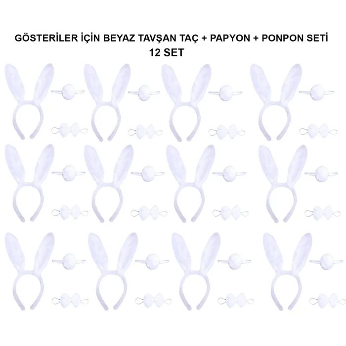 BUĞZ Beyaz Tavşan Kostüm Seti – Taç, Papyon, Kuyruk (12’li Paket)