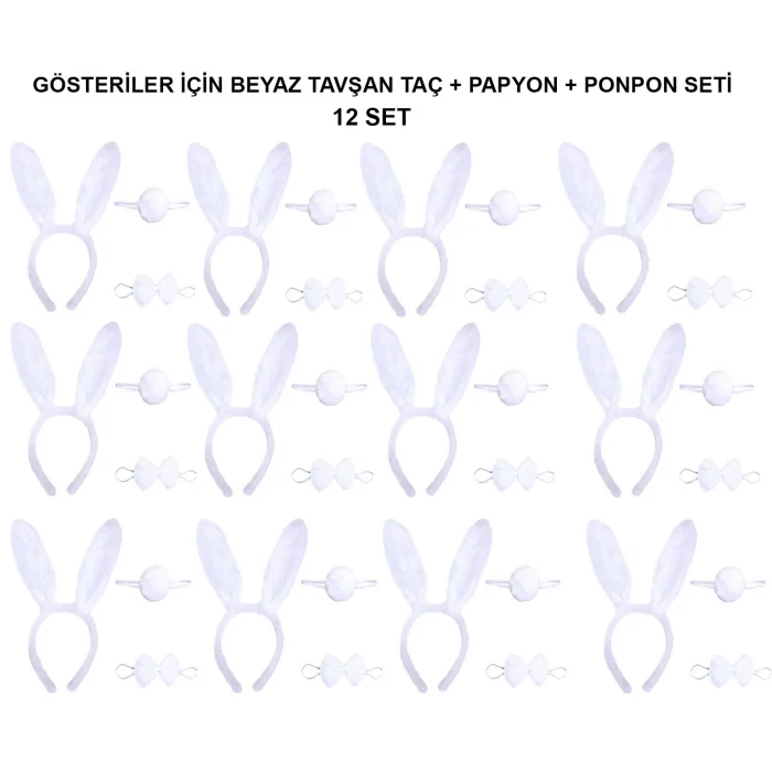  Beyaz Tavşan Kostüm Seti – Taç, Papyon, Kuyruk (12’li Paket)