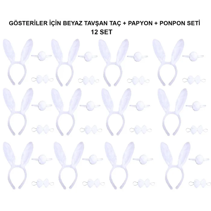 BUĞZ Beyaz Tavşan Kostüm Seti – Taç, Papyon, Kuyruk (12’li Paket)