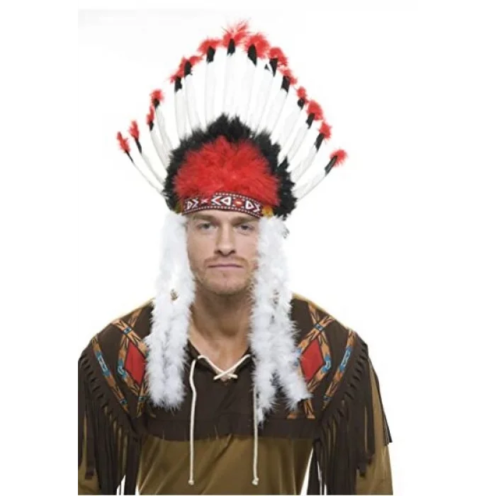 BUĞZ Beyaz Tüylü Siyah Kırmızı Büyük Hintli Kızılderili Başlığı