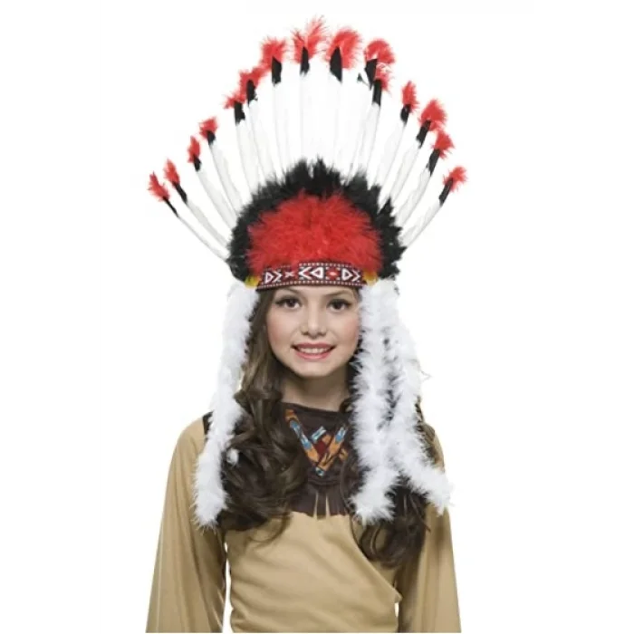 BUĞZ Beyaz Tüylü Siyah Kırmızı Büyük Hintli Kızılderili Başlığı - Lisinya
