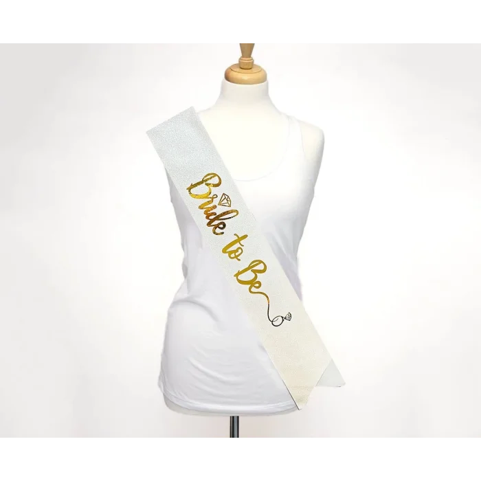 BUĞZ Beyaz Üzeri Altın İtalik Alyanslı Bride To Be Yazılı Simli Işıltılı Kuşak Kemer 10 Cm Genişlik