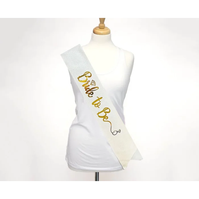  Beyaz Üzeri Altın İtalik Alyanslı Bride To Be Yazılı Simli Işıltılı Kuşak Kemer 10 cm Genişlik