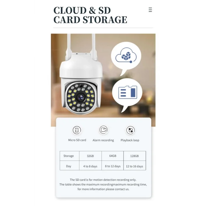BUĞZ Beyaz wifi kontrollü 1080p HD 2MP 360 derece video kamera SD kart girişli çift LED MP4