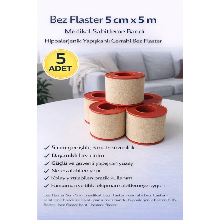 BUĞZ Bez Flaster 5 cm x 5 m Medikal Sabitleme Bandı Hipoalerjenik Yapışkanlı Cerrahi Bez Flaster 5 ADET