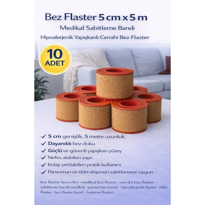 BUĞZ Bez Flaster 5 cm x 5 m Sabitleyici Tıbbi Bant Güçlü Yapışkanlı 10 Adet